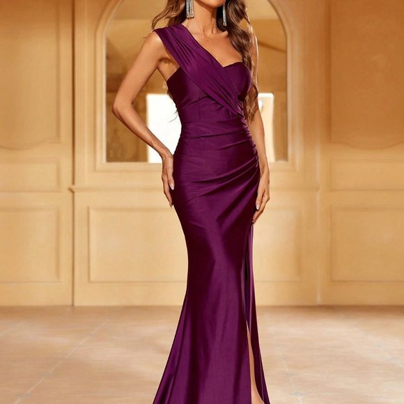 Purple Preppy Womens One Shoulder Ruched Split Thigh Formal Bridesmaid… - Picture 4 of 5